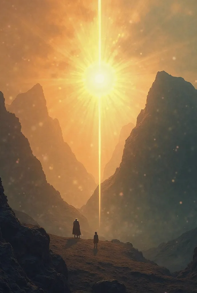 isaac and ishmael (son vs slave) biblical and mystical looking Design a simple yet mystical split-screen background for a PPT, with a soft golden glow on the left symbolizing divine promise and freedom, and a muted, misty mountain on the right representing...