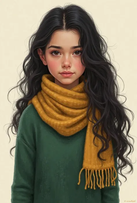 A portrait of delicate and young Aurelia, her hair long, black, and bushy. She's wearing a green sweater and Hufflepuff scarf.