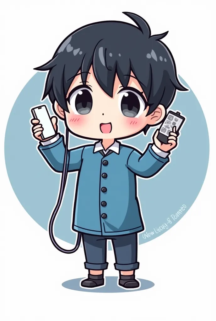 The boy cartoonist has a thick black border, the blue dress holds the phone on his left, raises two hands and says NewLucky, blue, black and white, Chibi cartoon. (Chibi) Circle shape with background patter, earphone holder