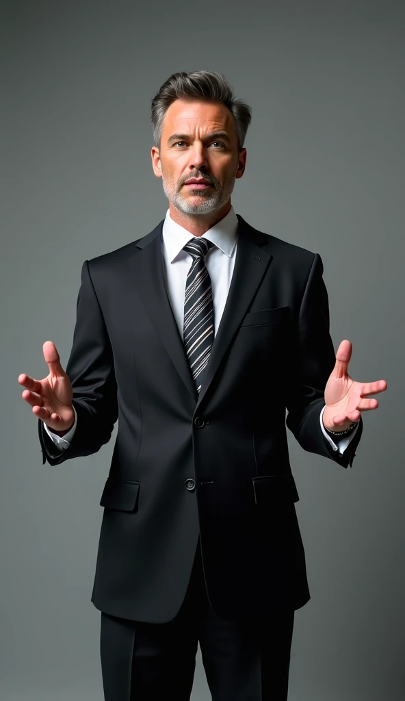 "A full-body portrait of a well-dressed businessman standing in a confident posture, wearing a perfectly tailored black suit, white shirt, and a striped tie. His hands are open in an expressive gesture, as if addressing an audience. His face is clearly vis...