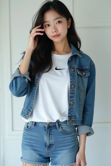 Beautiful Korean girl in short jeans, white t-shirt and cropped denim jacket, Elbow-length, in white nike, facing the camera,  her head is turned to the side ,  Her hand is raised to the camera , touches black long hair in street style, full body photo, hi...