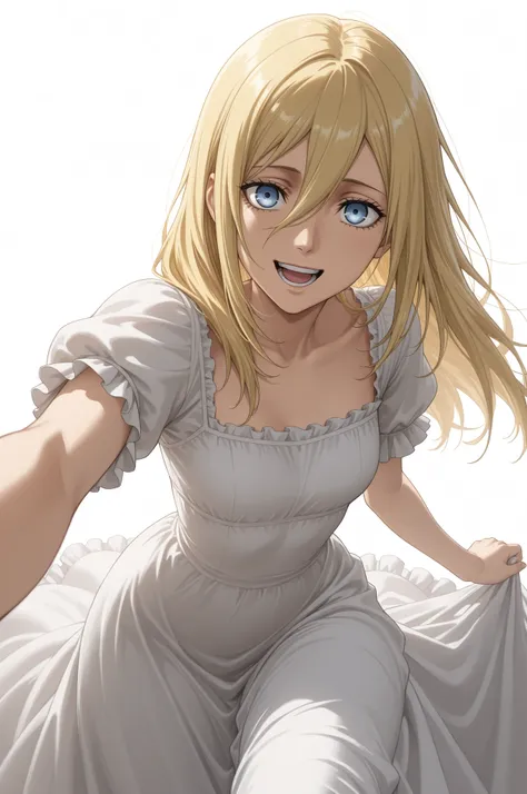 masterpiece, Highest quality, アブサー dress, Krista Lentz,  Attack on Titan , 1 girl, blond hair,  blue eyes, ,  corsets,  dress, frilled  dress, Ruffle sleeves, frills, hair between eyes, long  dress, long hair, looking towards the viewer, open your mouth, p...