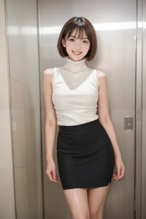 ultra detailed, detailed face, detailed eyes, beautiful doe eyes, masterpiece, best quality, photo realistic, absurdres, 8K, raw photo, 1girl, solo, in office elevator, short hair, 20yo, realistic skin texture, shiny skin, hair messy, pencil skirt, wearing...