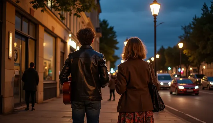 Street musicians, a European-looking man and woman in 1980s fashion, are tuning their instruments on the corner of a summer evening street. The man is wearing a leather jacket and high-waisted jeans, while the woman is dressed in an oversized blazer and co...