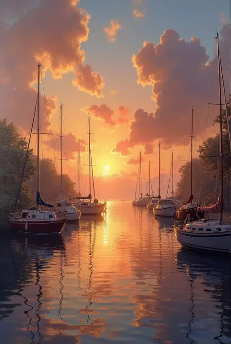 Picture of a sunset scene with boats anchored in the harbor, Jan J , I'm wearing a, FANTASY ART,  beautiful 4K art, Detailed painting 4k, 4K highly detailed digital art,  Landscape,  Landscape 詳細,  detailed landscape — width 672 ,  4k matt Thomas Kinkade ,...