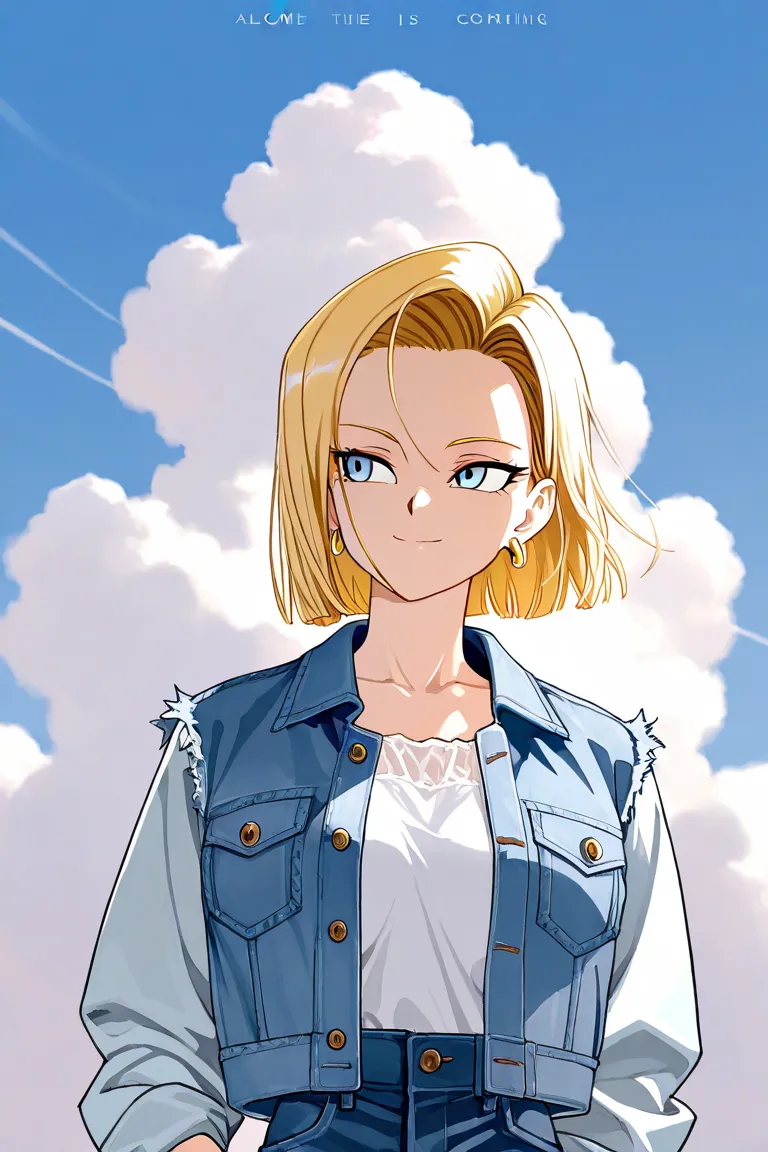 1 girl, Alone,  Android 18, blond hair,  blue eyes,  short hair,   jewelry, earrings, smile, jacket, look to the side,  denim ,  denim  jacket, full body, lingerie, closed her mouth, cloud, null, day, look away, blue null, 1 collarb,upper body、torn clothes...