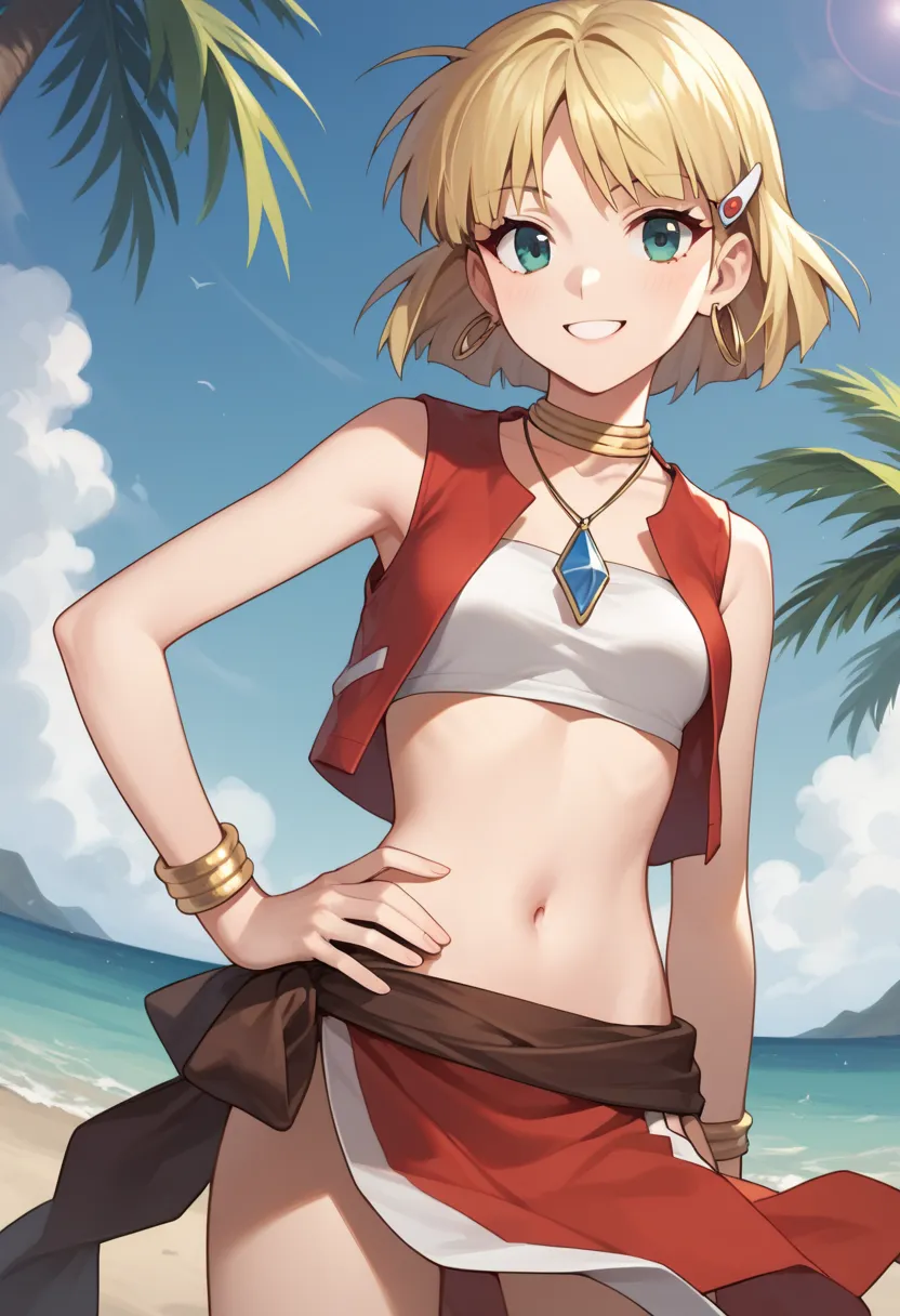 1girl,solo, nadia la arwall,blonde hair,  fair-skinned female,red  loincloth,jewelry,bandeau,blonde hair,hairclip,red  vest,necklace,standing,contrapposto, hand on own hip,light smile ,shore,palm tree,  source_anime, score_9, score_8_up, score_7_up, highly...