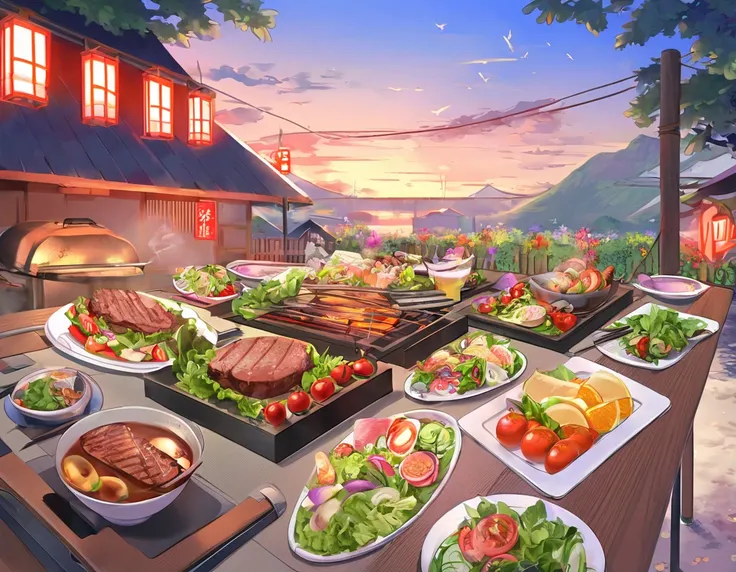 「in the garden at sunset in summer、A scene where a wooden barbecue grill is smoking。Deliciously grilled meat and vegetables are lined up on top of the grill It's there。with lush greenery and colorful flowers blooming around。Salads and drinks are lined up o...