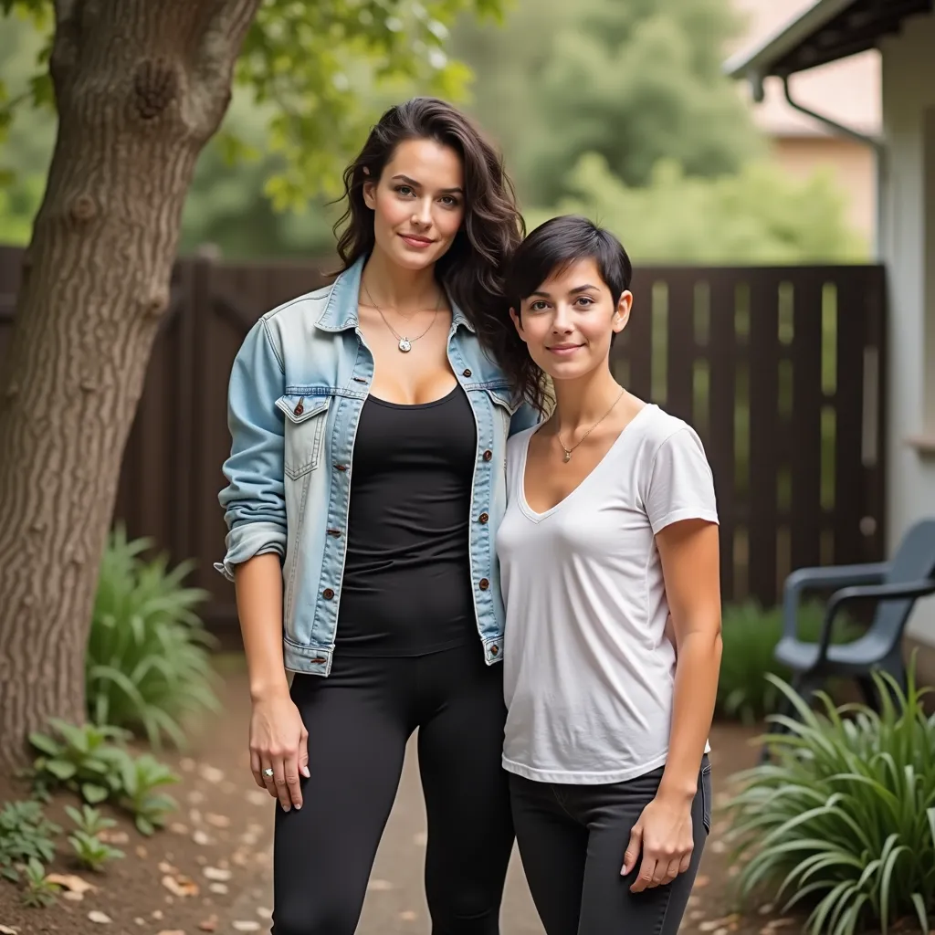 Real life. Photo shoot. Two european women standing side by side at the house backyard. The woman on the left has long dark hair, large breasts, fair skin, tall, and athletic build. She is wearing a black t-shirt, covered with light blue denim jacket with ...