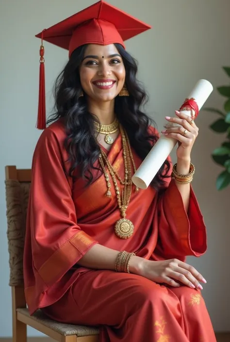 Create a highly detailed and realistic image of an Indian woman celebrating her graduation.She is wearing a traditional graduation dress and cap, symbolizing her academic achievement.The woman is seated gracefully on a chair, exuding confidence and pride.I...