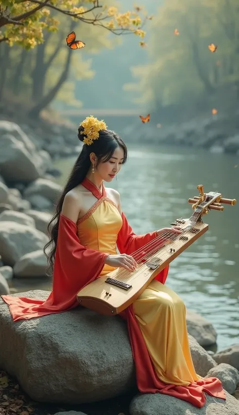 A beautiful Chinese woman wearing a traditional Chinese dress, light yellow silk, sexy and elegant, with a traditional dress showing off her big and sexy breasts, sitting with a traditional Chinese Guzheng, sitting on a large rock by the river, with flying...