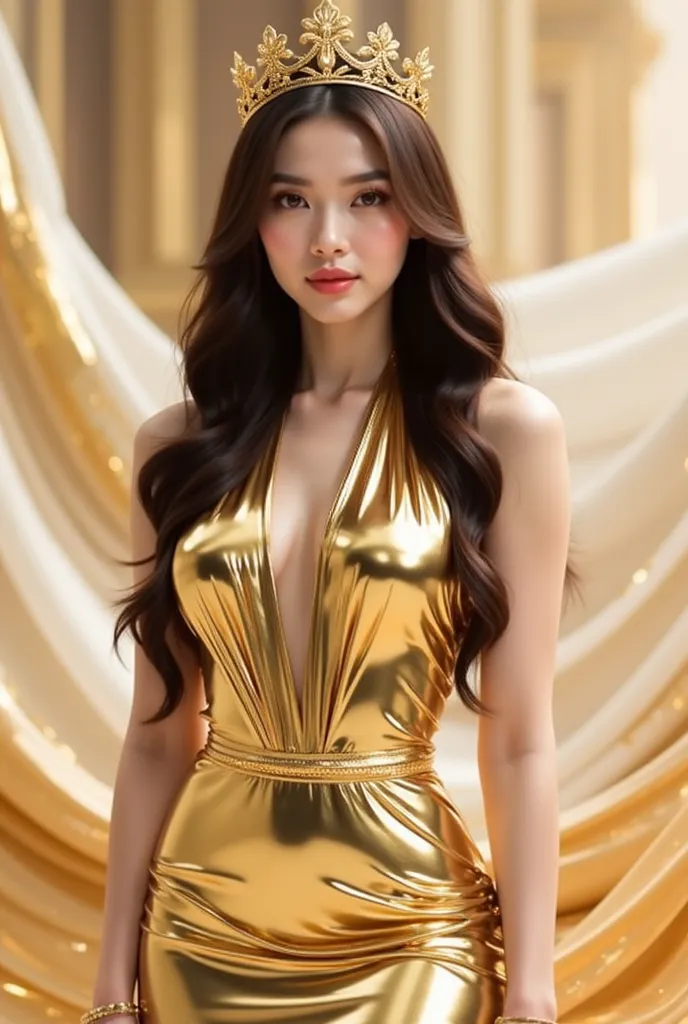 a woman in a stunning gold metallic gown that glimmers elegantly. The dress has a halter neckline and a fitted silhouette, accentuating her figure. She is wearing a golden crown-like headpiece with intricate details, complementing her overall regal appeara...