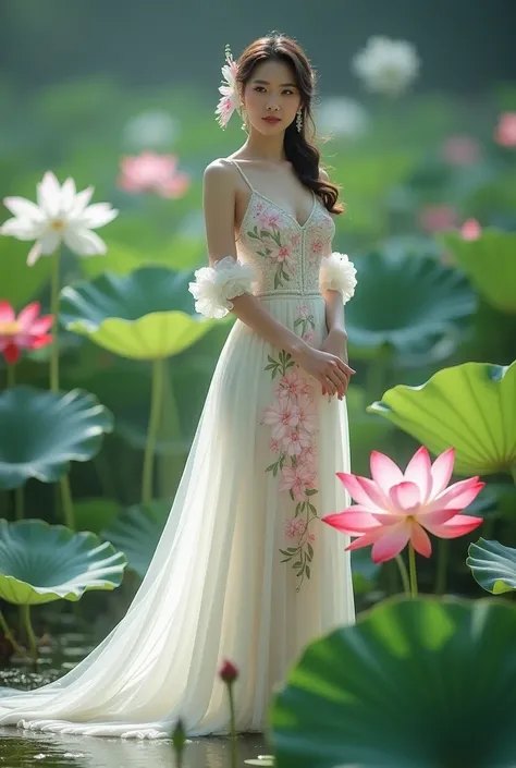 a woman in an elegant, flowing white gown adorned with floral designs. She is standing in a serene environment surrounded by large lotus flowers in various colors, including white and red, along with broad green leaves. The setting resembles a tranquil gar...