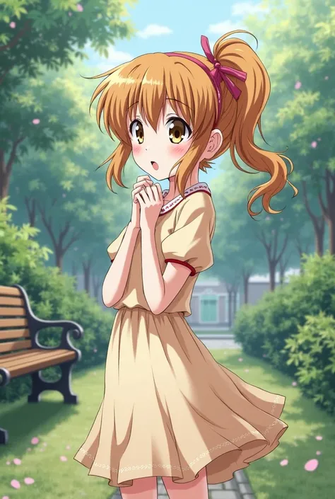 girls who are in love,  Takamachi Nanoha , 1 girl,  Side Ponytail , Hair tie, Open your mouth, secretly in love, 
 Dress Skirt, garden, garden bench, Classroom front
