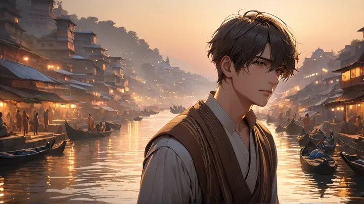 ((photorealism:1.2),  very Handsome japanese man, 22-27 year-old, in India, background is Ganges River, look at camera, 