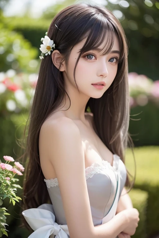 (  : 1.5), race, ribbon, Hanfu, (Masterpiece,  side lights, delicate and  beautiful gray eyes: 1.2), Masterpiece,  realistic, Shining Eyes,  shiny hair,  dark haired,  long hair,   shiny skin, Alone, Awkward,   strapless , delicate,  beautiful, garden, flo...