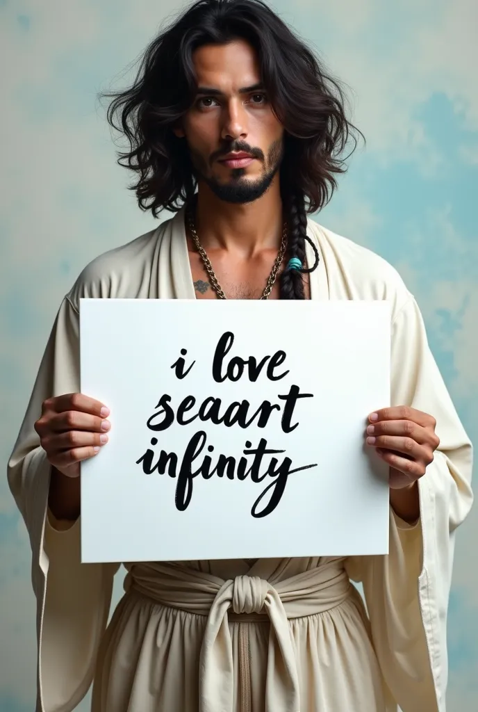 Beautiful Man with black hair, bohemian dress, holding a white board with text "I Love Seaart Infinity" and showing it to the viewer