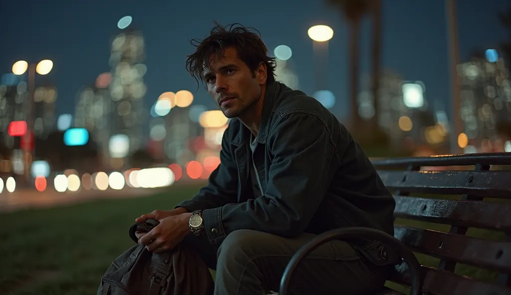 A realistic, cinematic-style image of a man in his late 20s, with unkempt hair and a rugged appearance, sitting alone on a park bench in Los Angeles at night, clutching a worn-out backpack. His expression is a mix of defeat and quiet determination. The cit...