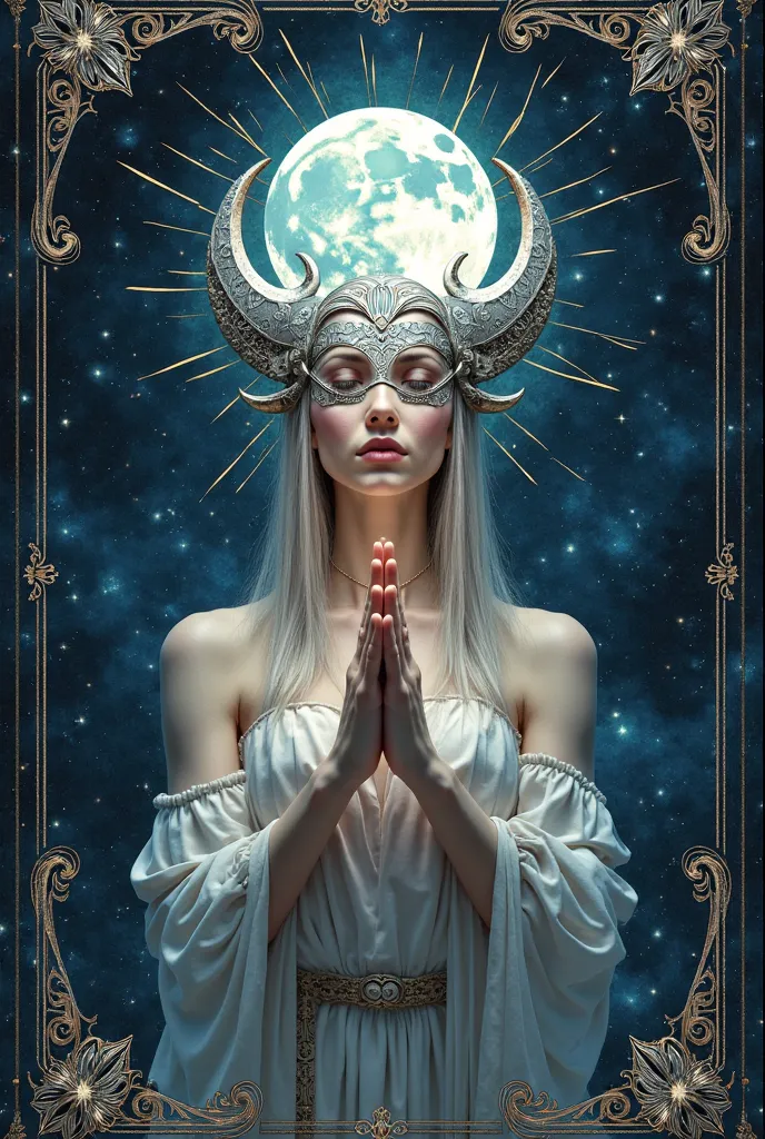 
Artifact, DND, fanatsy, small prayer book of the moon goddess Illaria, the cover shows a woman holding her hands up and the moon between them, wears a moon mask, its silver rays falling on people who feel safe, wears a moon mask, the image as a die-cut pr...