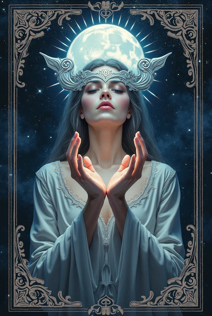 
Artifact, DND, fanatsy, small prayer book of the moon goddess Illaria, the cover shows a woman holding her hands up and the moon between them, wears a moon mask, its silver rays falling on people who feel safe, wears a moon mask, the image as a die-cut pr...