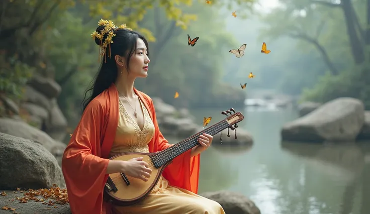 A beautiful Chinese woman wearing a traditional Chinese dress, light gold silk, sexy and elegant, with a traditional dress showing off her big and sexy breasts, sitting with a traditional Chinese Guzheng, sitting on a large rock by the river, with flying b...