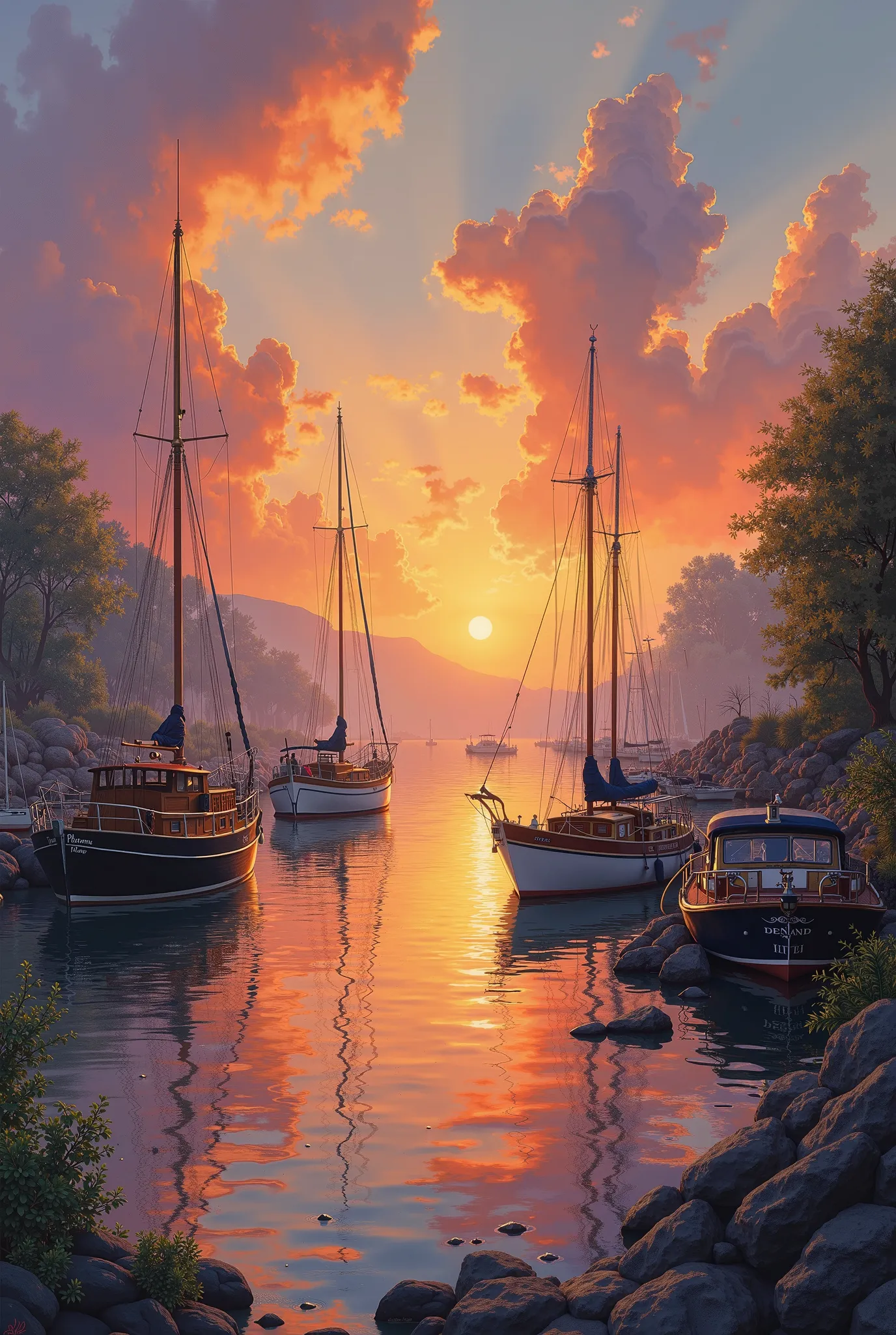 Picture of a sunset scene with boats anchored in the harbor, Jan J , I'm wearing a, FANTASY ART,  beautiful 4K art, Detailed painting 4k, 4K highly detailed digital art,  Landscape,  Landscape 詳細,  detailed landscape — width 672 ,  4k matt Thomas Kinkade ,...