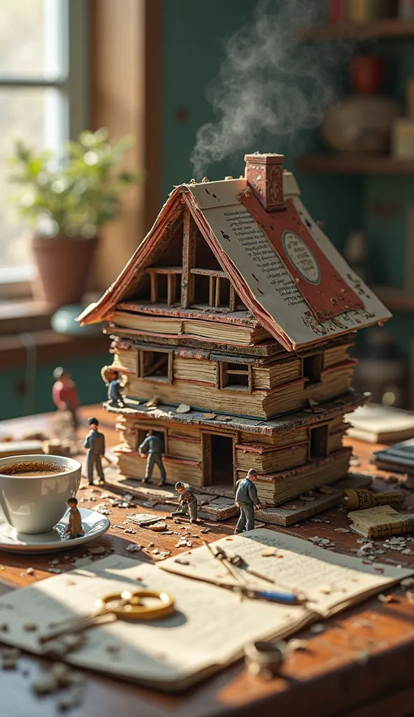 Generate a real photo image of tiny workers are working making house from books and cards, pencil on the table with many books on it and pencil, eraser, cup of coffee 