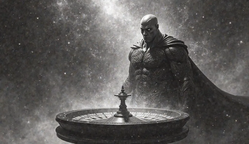 Darkseid spins roulette, which is at the center of the digital space, black and white photography style, in the air is the word TopKa, Starlight , nebula all around 