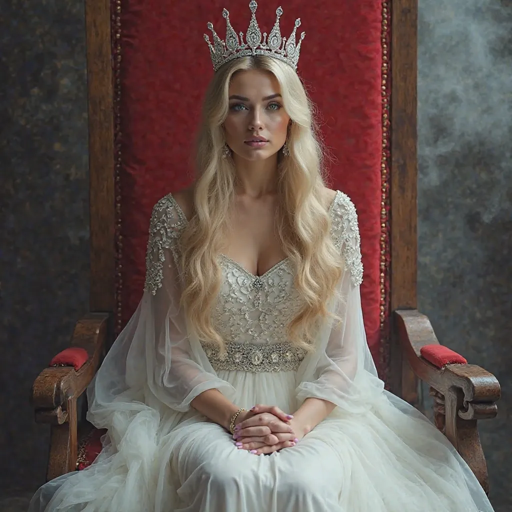 fashion editoral photo image of gray smoke and that depicts my realism A queen with long blonde hair wearing a white dress and wearing a diamond tiara sits on her queenly throne and a large red banner reads Leader of Naneh Agha