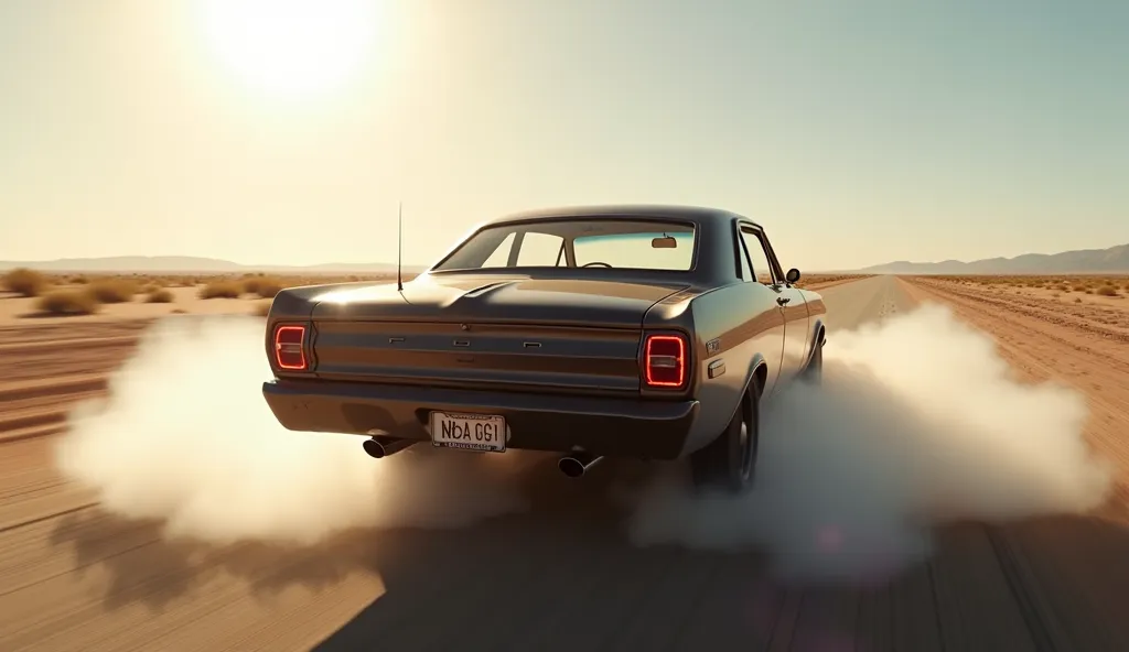 Create an intense rear shot of the 2025 Ford Falcon performing a burnout on an empty desert road, with smoke rising from the tires. The powerful stance, illuminated taillights, and dual exhausts roaring under the bright sun showcase its raw muscle car powe...