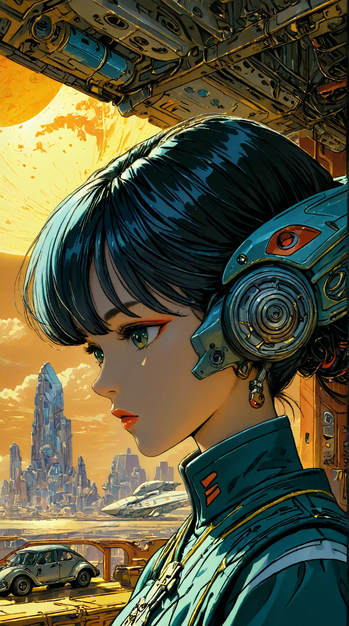 ((best quality)), ((masterpiece)), (detailed), perfect face of cyberpunk mecha japanese girl, surreal, art nouveau, in the illustrative style of moebius, spaceships, aliens, fantasy, sci-fi, graphic novel, line drawing, french retro,
