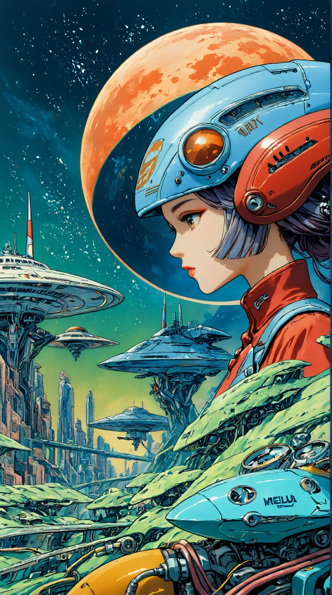 ((best quality)), ((masterpiece)), (detailed), perfect face of cyberpunk mecha japanese girl, surreal, art nouveau, in the illustrative style of moebius, spaceships, aliens, fantasy, sci-fi, graphic novel, line drawing, french retro,
