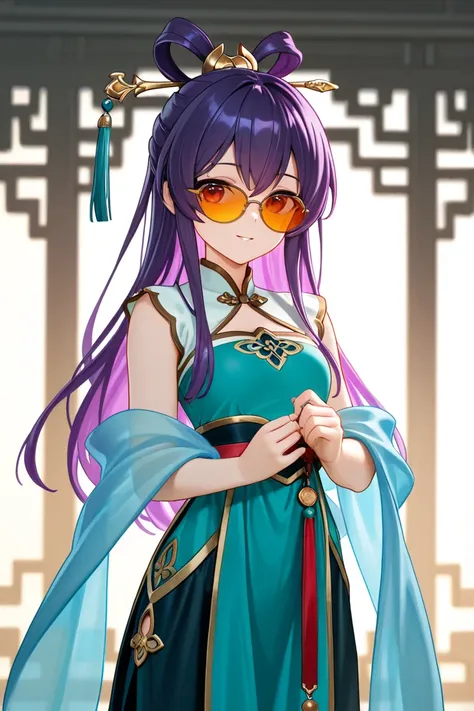 long hair, purple hair, blue hair gradient, orange sunglasses blocking eyes, qipao top, fringe shawl, shawl covering shoulders, slim build, sly expression, confident, hanfu trouser