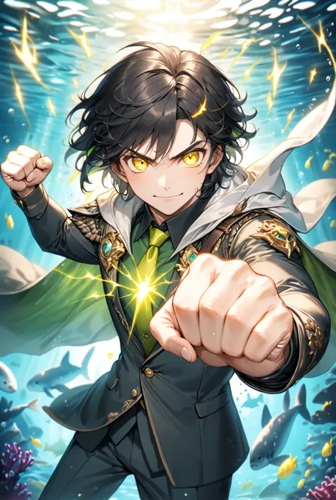 (Highest quality, 8k, 32K, masterpiece,  super high definition ,:1.2),Born, One Man, in hunting clothes , fantastic undersea background,  clear ,  Eyeliner,cloak,suit,Age 40 ,Has an aura, black hair and green mesh, yellow eyes emitting lightning,Pushing on...