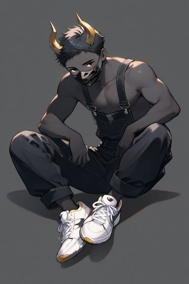  male、solo、flat design、 full body depiction、 simple background、 black hair、very short hair、Black Skin、horn、Black Overalls、mask、 roll up 、Sneakers、sit、topless、