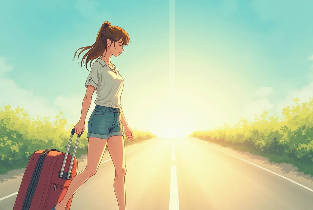 A woman is pulling a suitcase to go on a trip. The woman has a ponytail. It has a warm and romantic atmosphere. The delicate line drawings, expressive eyes, and pastel colors are characteristic of the classic girls' manga style. In the background, there is...