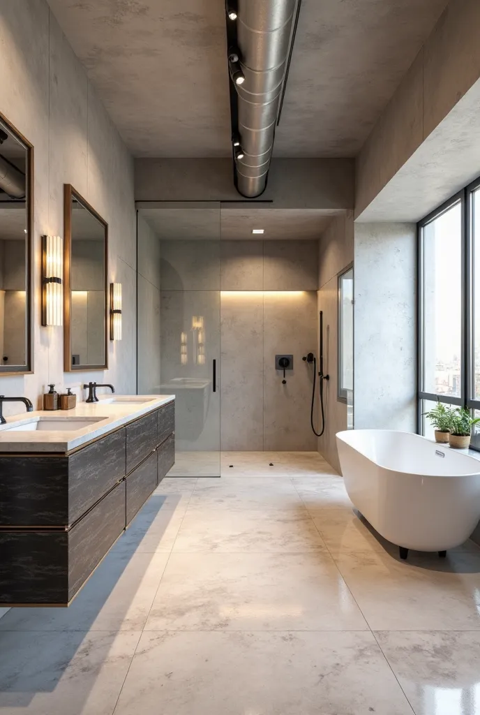 design a large luxurious loft bathroom with large two person shower, standalone bathtub, led lite mirror, highly polished precast concrete floor and walls with colorized off-white finish with polished stone aggregate showing in the concrete, exposed hvac d...