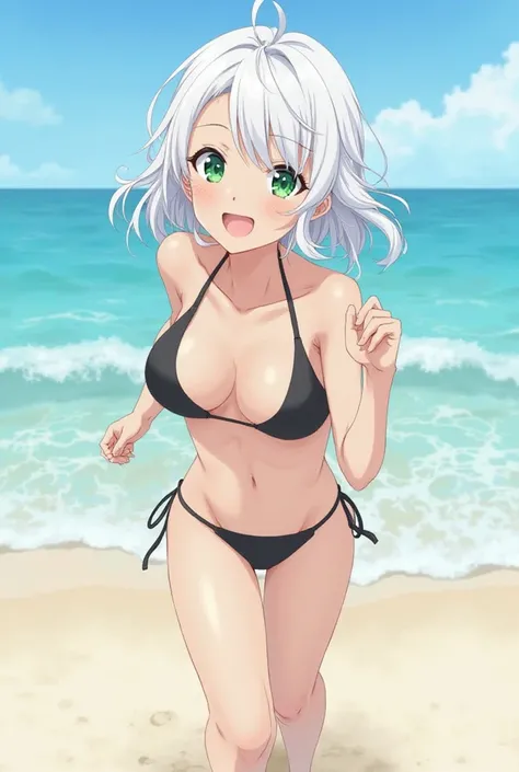 I want an anime girl in a black bikini her hair is white and her eyes are green and I want her to be about 18 and I salt her ainime rather than AI And I want her to smile and she runs on the beach And her bikini is shorter And her waist is wider than she i...