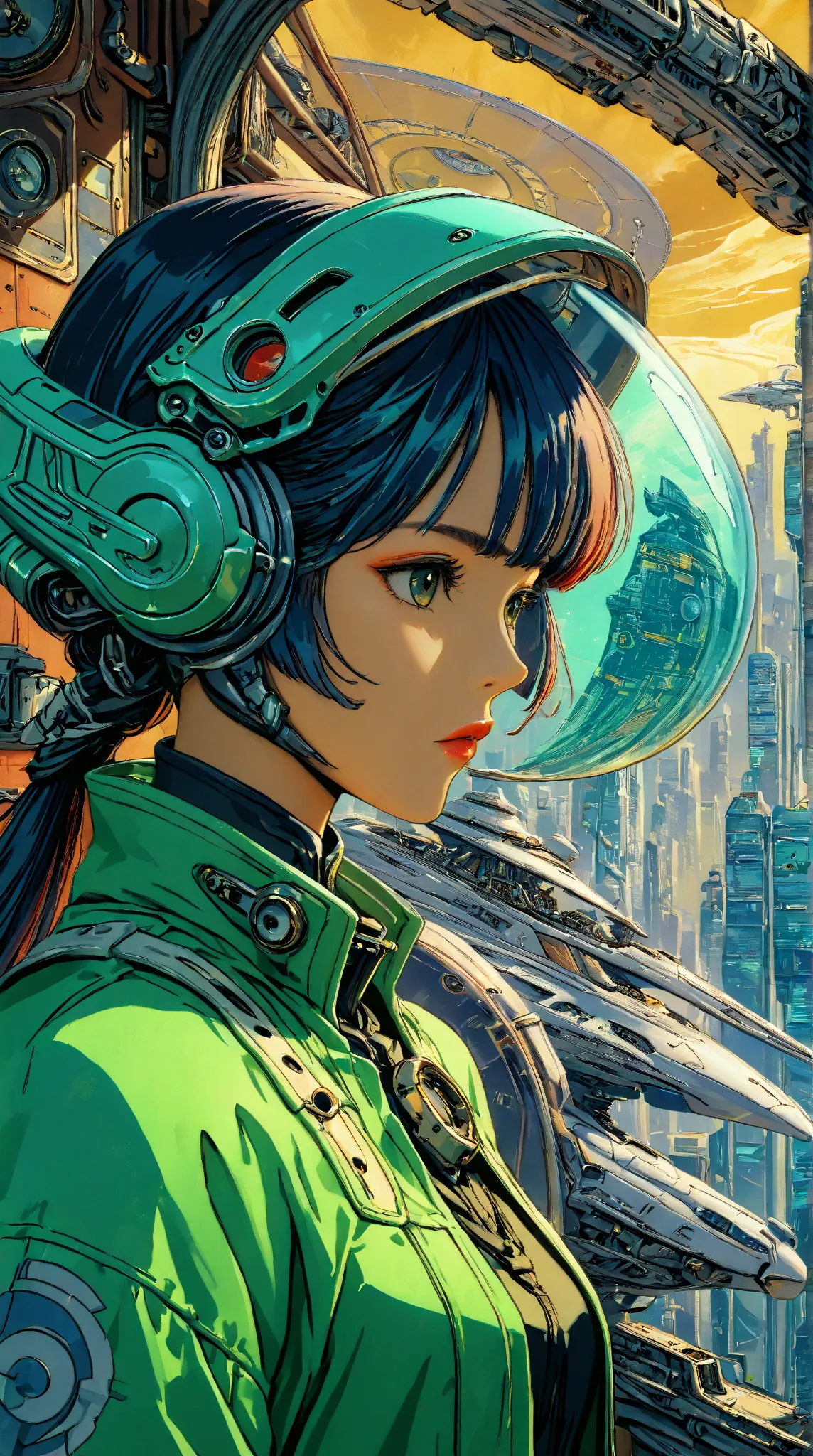 ((best quality)), ((masterpiece)), (detailed), perfect face of cyberpunk mecha japanese girl, surreal, art nouveau, in the illustrative style of moebius, spaceships, aliens, fantasy, sci-fi, graphic novel, line drawing, french retro,
