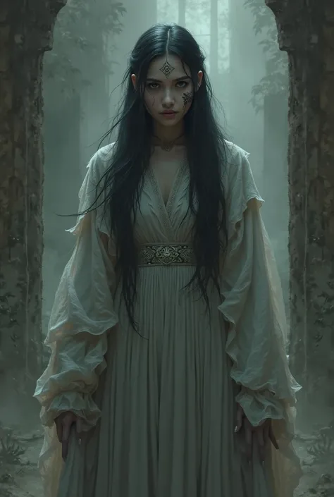 DND, Fanatsie, Ghostly appearance of a woman, wrapped in noble clothes, long black hair, tribal gescihtstatoo on the left side, in a gloomy environment, eyes are empty, mourning