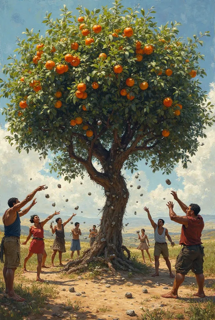 Peoples throwing stones to a tree with lots of fruits. 