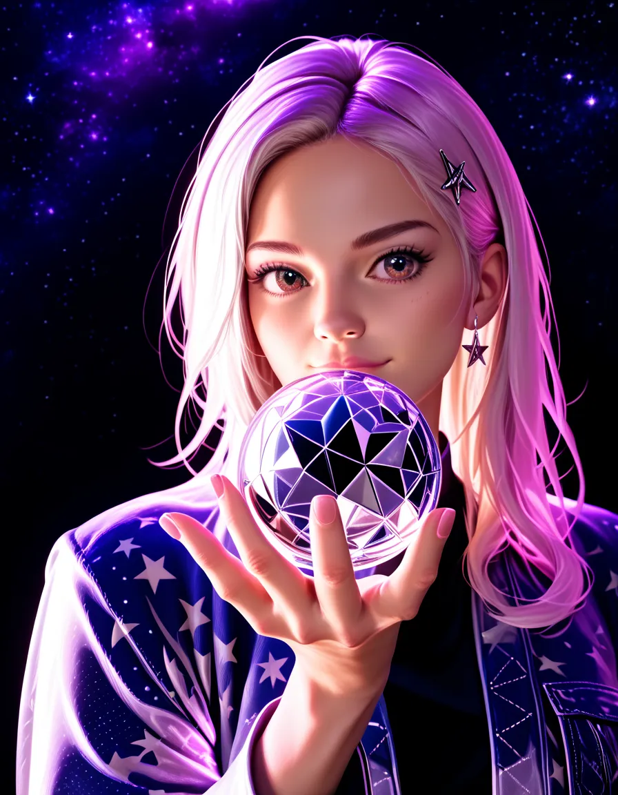 A beautiful female astrologer, detailed face and eyes, intricate star-patterned robe, holding a crystal ball, cosmic background, (best quality,4k,8k,highres,masterpiece:1.2),ultra-detailed,(realistic,photorealistic,photo-realistic:1.37),fantasy art,cinemat...