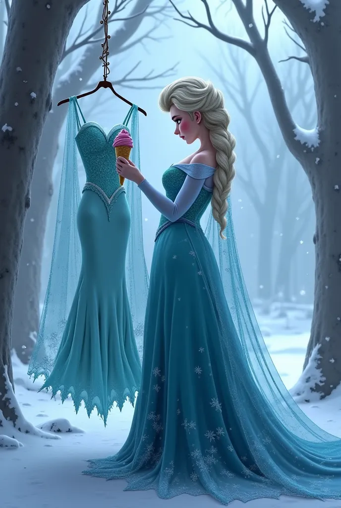 Elsa  from frozen with fat body with ice cream in her  hand, looking to beautiful dress, so sad she can't wear it 