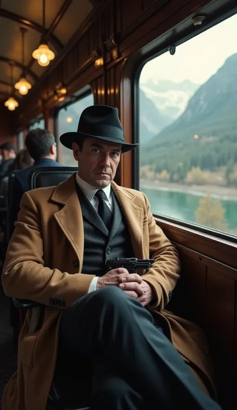 a man with shades of classic noir, sat inside the carriage of the train with a serious expression. He was wearing a black fedora, brown long coat, and a dark suit with a tie, giving the impression of a detective or criminal figure of the 1940s era. His han...