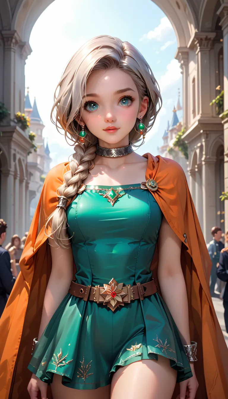 (dqBianca), 1girl, single braid, hair over shoulder, silky smooth hair, (detailed cute face:1.2),  wearing short green dress revealing thighs, silver choker, orange cape, earrings, belt, (high quality, masterpiece:1.2), high resolution, intricate details, ...