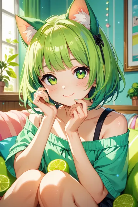 cute girl、naked、I'm wearing lime green cat ears、watching viewers、is blushing、 cute room、close-up、lime green bob cut hair、lime green nails、 green eyes、big smile、fish eye