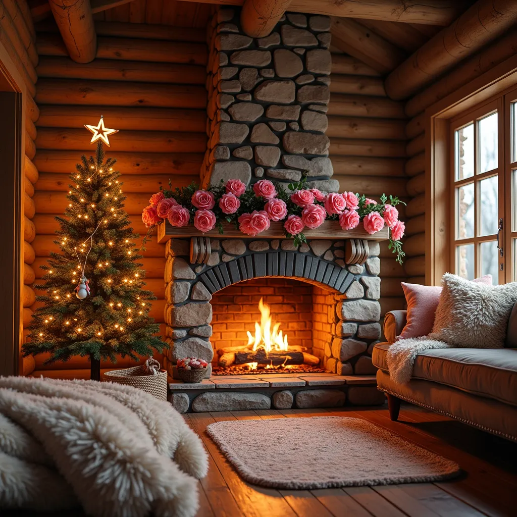 High quality real photo，stone fireplace，Pink roses in front of the fireplace，The floor is covered with blankets，Christmas decoration，The background is a log cabin，