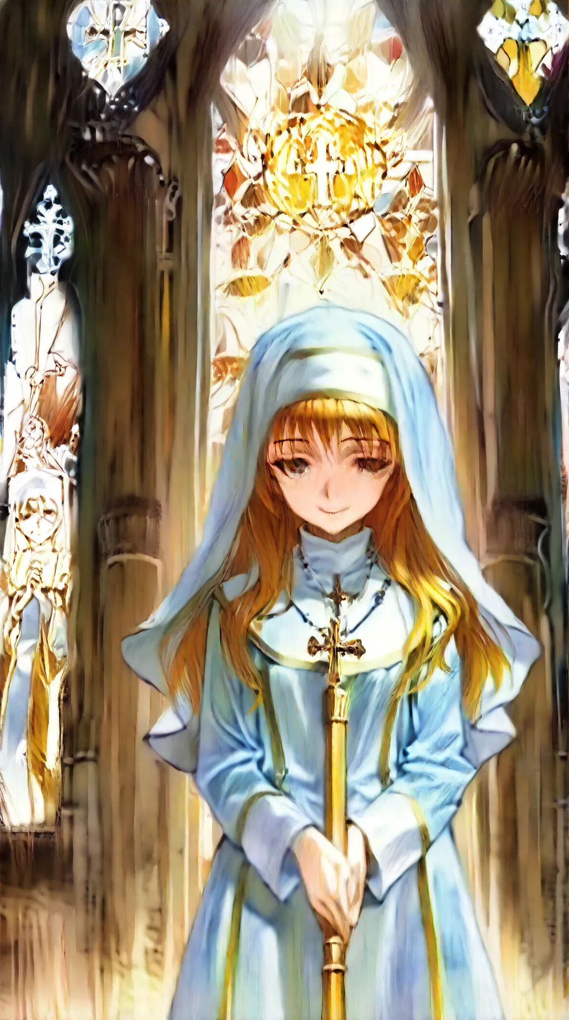 ((Highest quality)),( super high definition ),(very well detailed),( detailed description),(( best CG )),(masterpiece), Ultra Detailed Art ,Amazing Painted Art,(Art with delicate details:1.5),  Female Deacons:1.5, beautiful well-groomed face,  A Smile of C...