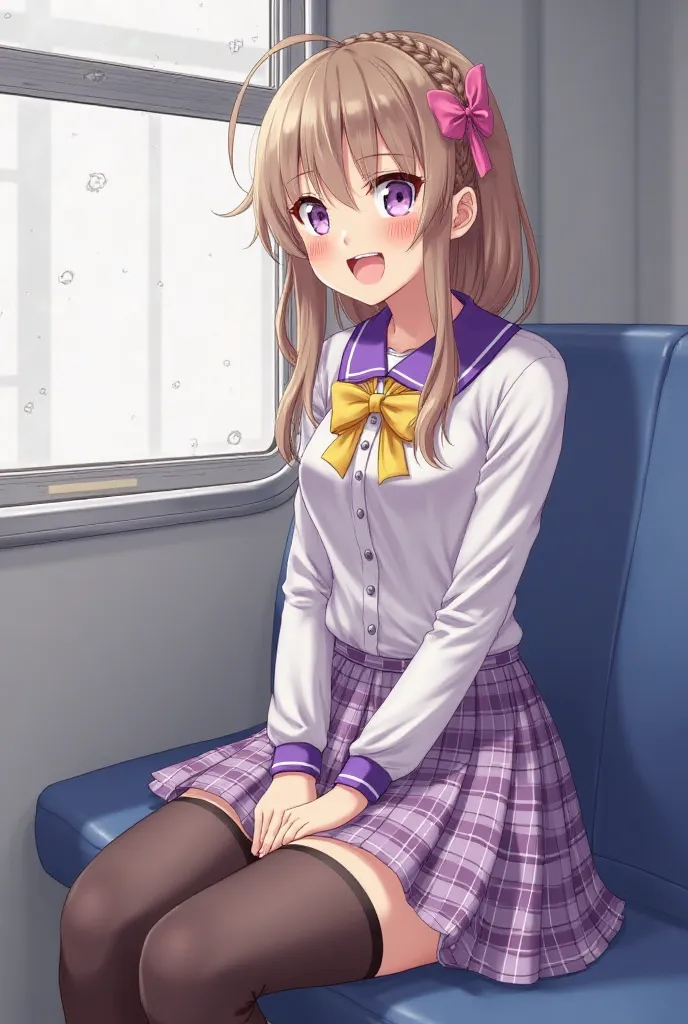 The scene is inside a Japanese suburb train. It depicts a twenty-five years old woman, sitting in the train and wearing a light and dark purple plaid skirt, a buttoned white blouse with a purple collar and a yellow bow and thigh-high dark stockings. Her li...