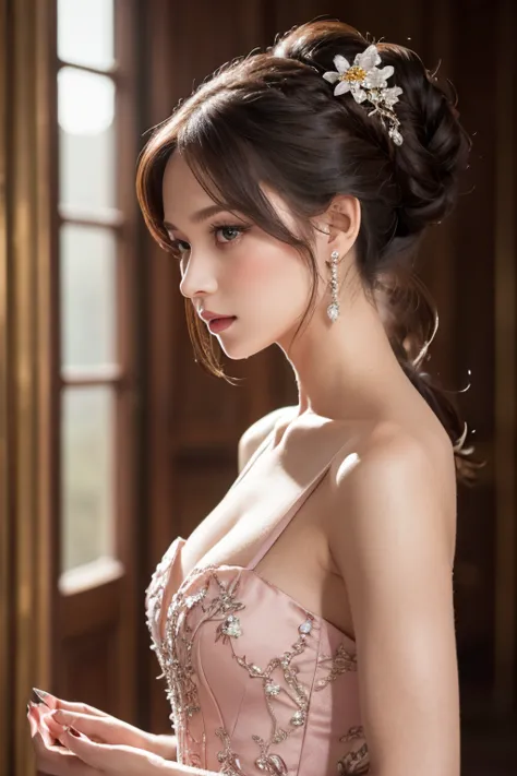 woman, Serious,  elegant ,   pink dress in hand , Aristocratic, silver element, Long nails,  shoulder out,  hairstyles at their best, hair up,  braids and ponytails, Messy, arrogant, absurdes,  detailed dress , Royalty, celebration,  flower-adorned hall , ...